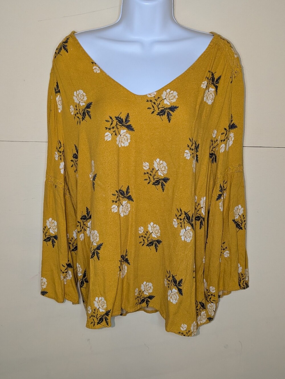 Old Navy Flowy Top Mustard Yellow with White Rose Print